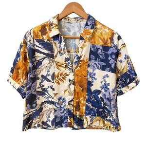 Christian Siriano Linen Tropical Hawaiian Patch Mixed Print Crop Top Womens sz S